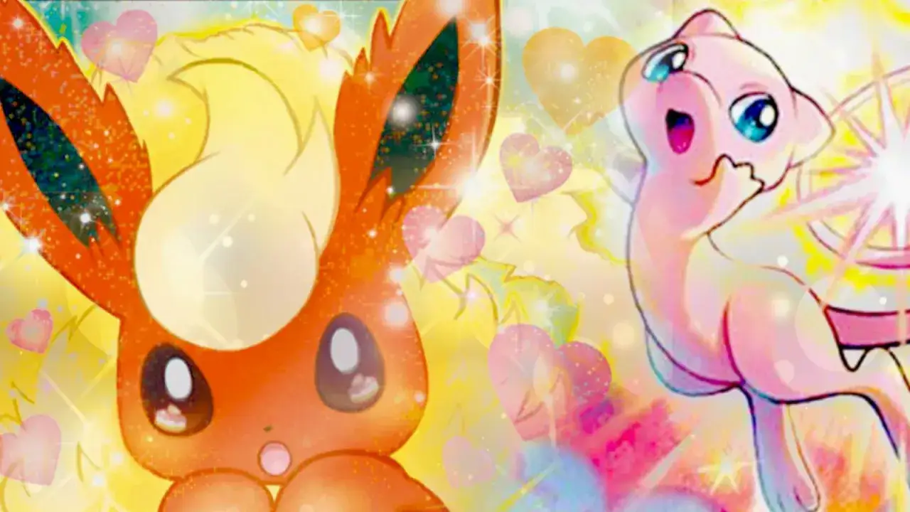 Le carte Pokémon più belle: Flareon e Mew, circondati da cuori scintillanti e un'aura magica.