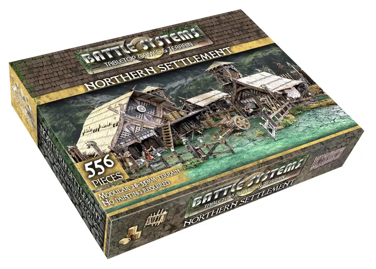 Scatola di terreno modulare per Warhammer Italia: un insediamento nordico con 556 pezzi, pronto per battaglie epiche.