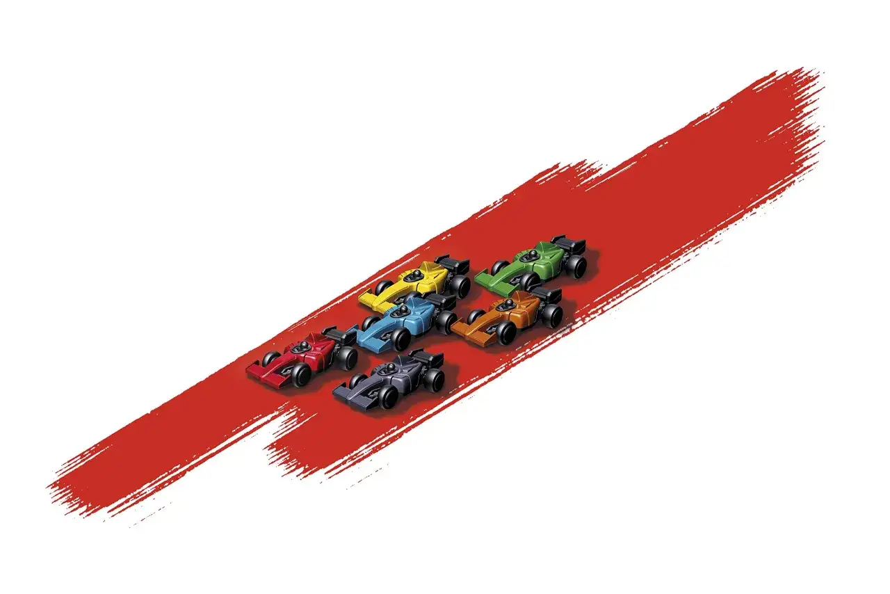 Set di macchinine colorate, rosse, blu, gialle, arancioni, verdi e grigie, che sfrecciano su una striscia rossa, pronte a generare down force.