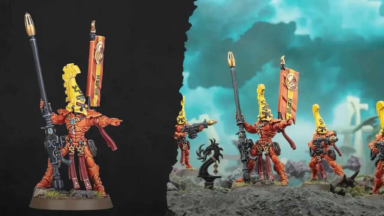 Guerrieri Eldar in armatura arancione, pronti per la battaglia. Un'ambientazione che ricorda un forge world 40k.