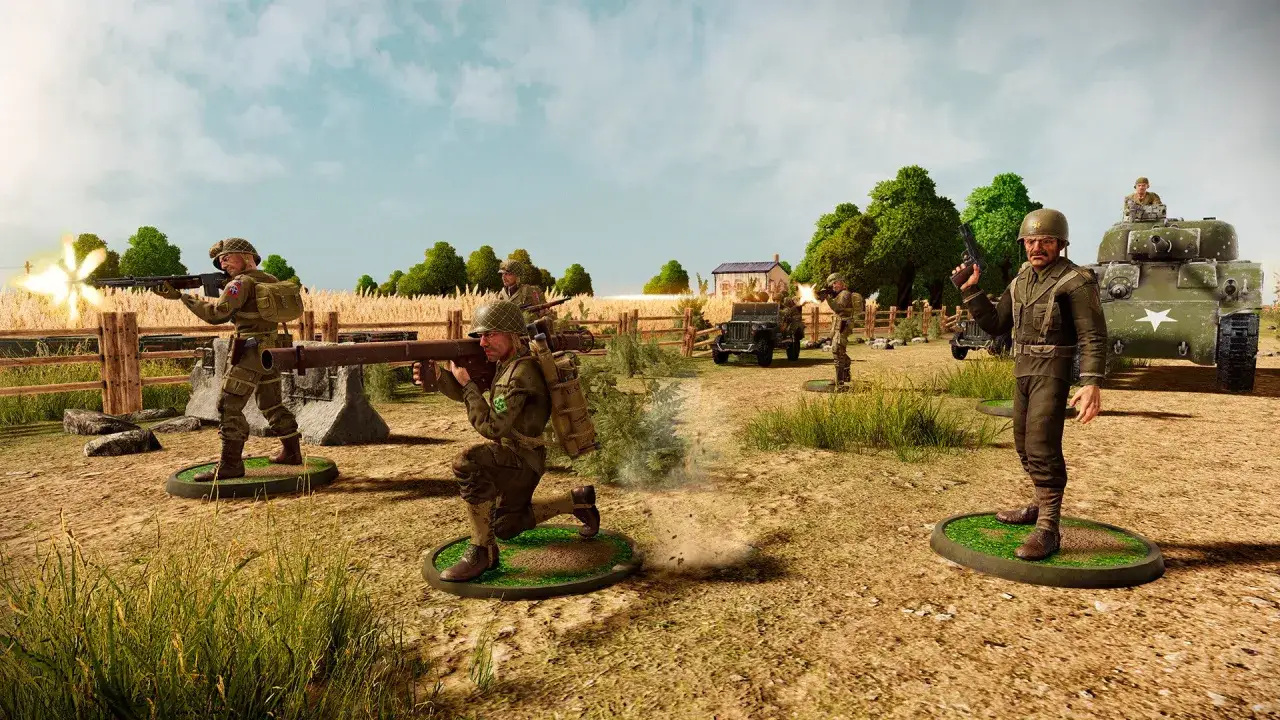 Soldatini in azione, pronti per avvincenti giochi di guerra. Un carro armato e soldati con fucili e lanciarazzi simulano una battaglia.