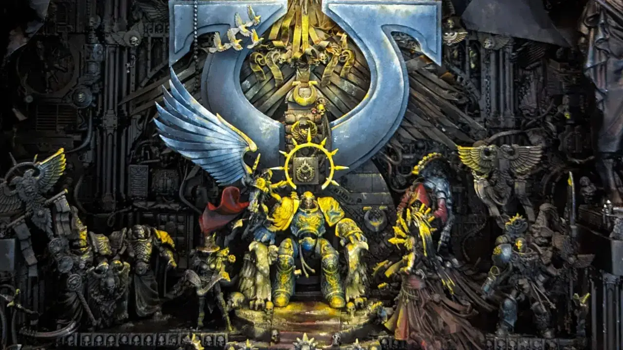 Roboute Guilliman, seduto sul trono, circondato da figure imponenti e simboli imperiali.