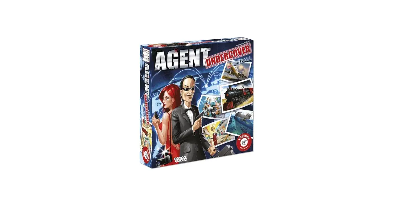 Scatola del gioco da tavolo Agent Undercover. Due agenti segreti, un uomo e una donna, sono pronti per la missione. Le regole del gioco sono avvincenti.
