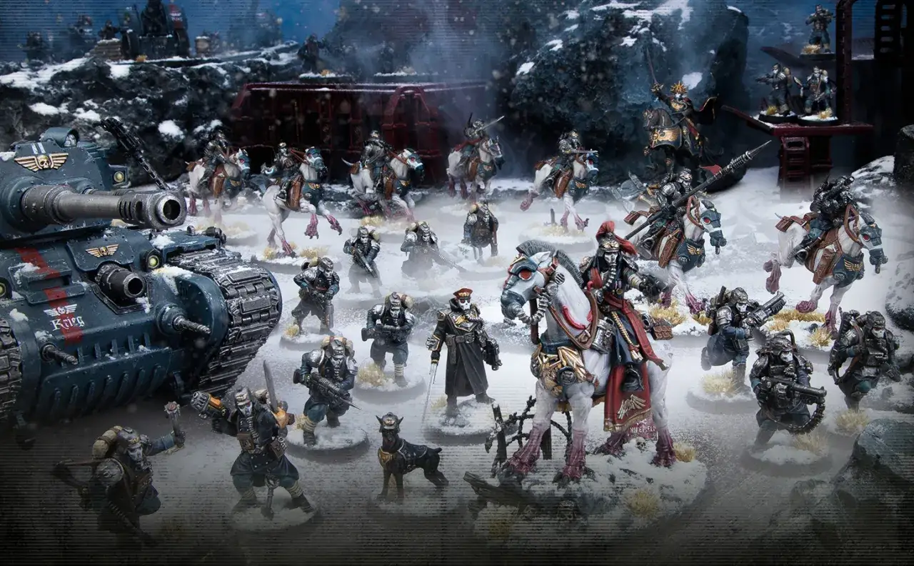 Un carro armato e soldati dei Death Korps of Krieg avanzano su un campo innevato, pronti alla battaglia.