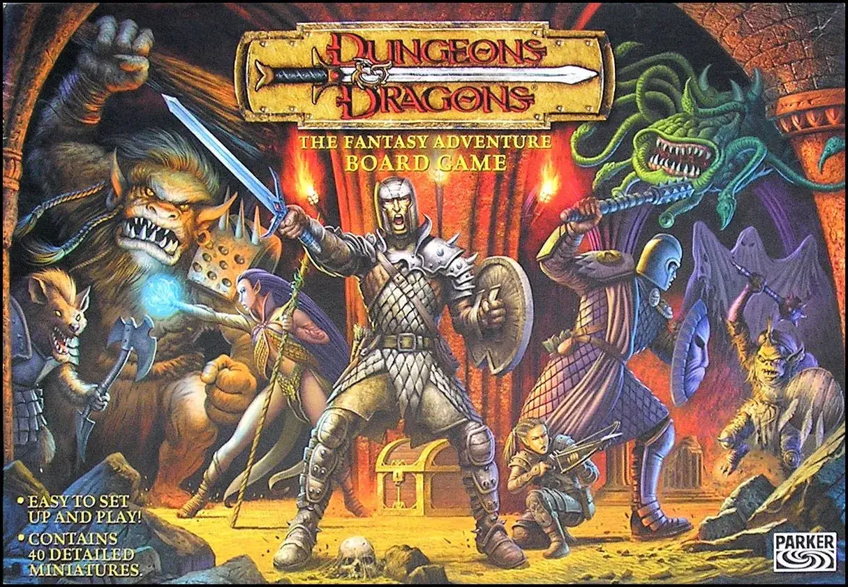 Copertina del gioco da tavolo Dungeons & Dragons, con guerrieri, mostri e tesori. Perfetto per i tuoi giochi roleplay!