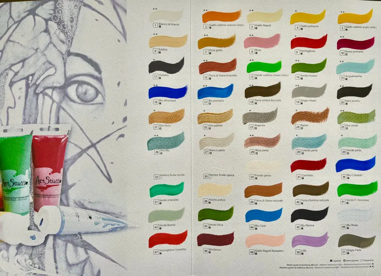 Catalogo colori: differenza tra colori vinilici e acrilici, con campioni di varie tonalit&agrave; e tubetti di vernice.