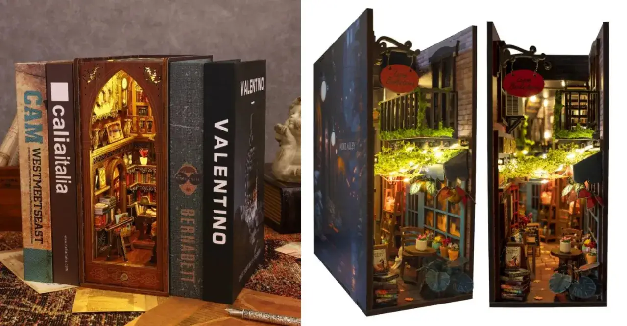 Un book nook cos'è? Un mondo in miniatura tra i libri: una libreria segreta e un vicolo illuminato.