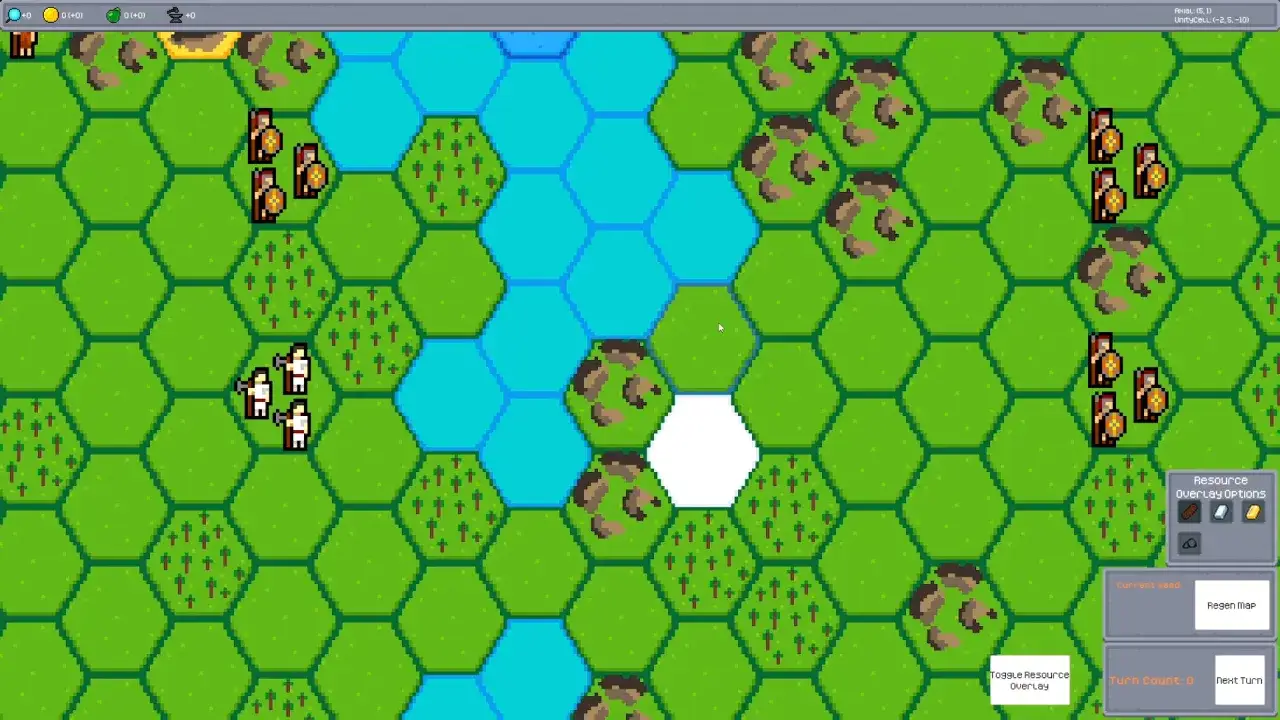 Schermata di giochi 4x con unità militari su mappa esagonale, fiume e foreste.