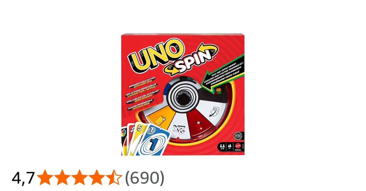 Scatola del gioco UNO Spin con ruota centrale e carte. Le regole del gioco sono incluse.