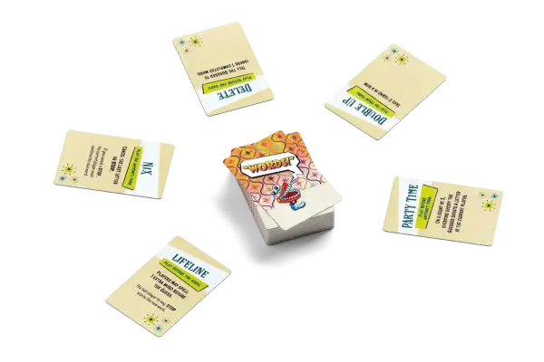 Carte da gioco con scritte come "DELETE", "DOUBLE UP", "PARTY TIME", "LIFELINE" e "NIX", che illustrano le regole del gioco "nome in codice regole".