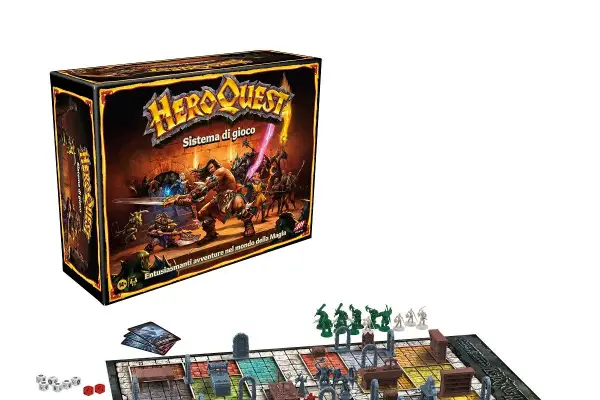 HeroQuest board game box art and game board with miniatures and dice.