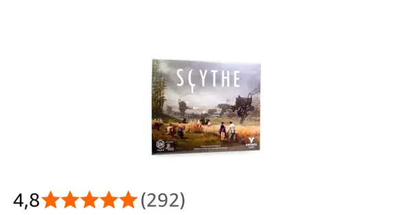 Copertina del gioco da tavolo Scythe, con un paesaggio rurale post-bellico e robot. Il regolamento è incluso.