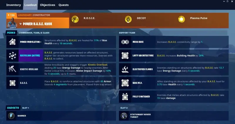 Fortnite loadout screen showing "Power B.A.S.E. Knox" constructor, perks, and support team abilities.