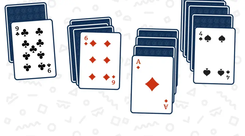 I più bei giochi di solitario: un 9 di fiori, un 6 di quadri, un Asso di quadri e un 4 di picche.