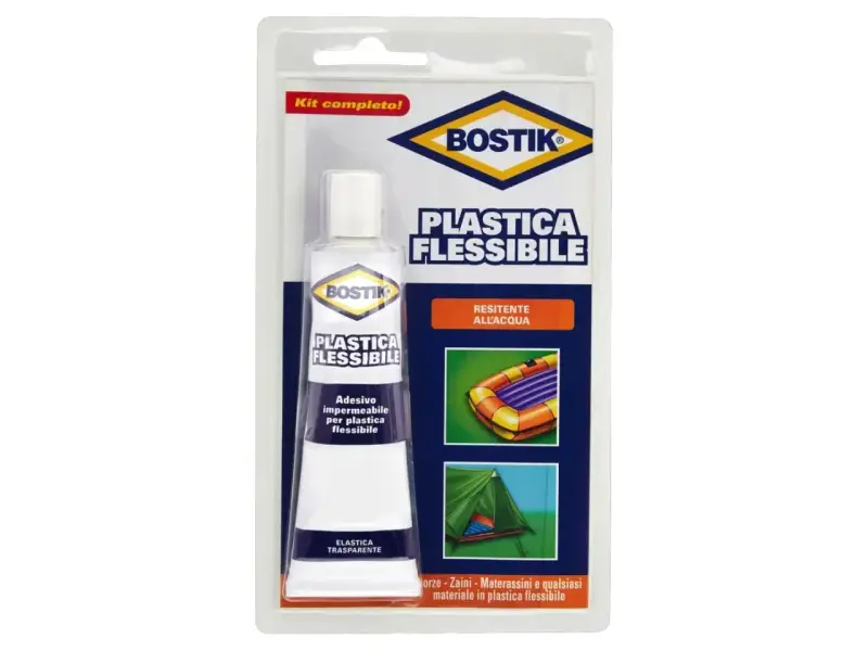 Kit Bostik per come incollare la plastica flessibile. Adesivo impermeabile e trasparente per riparare gommoni, tende e altri materiali.