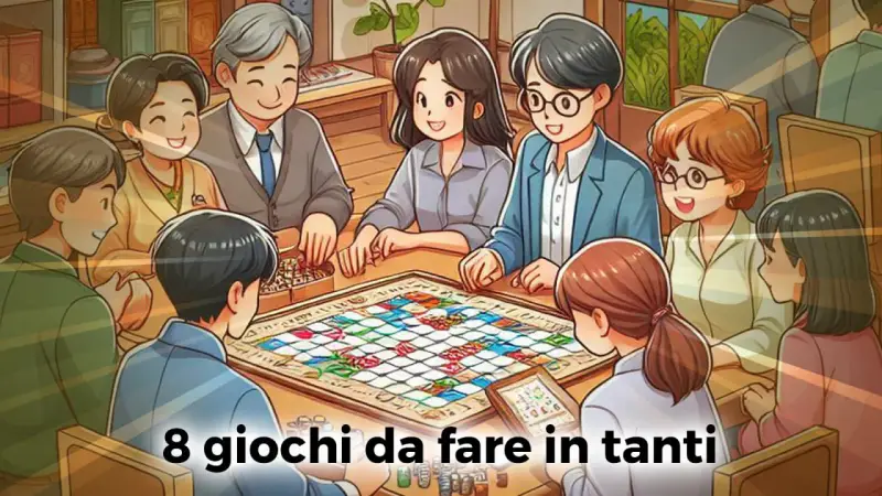 Un gruppo di persone sorridenti gioca a giochi da tavolo, creando un'atmosfera di allegria e divertimento.