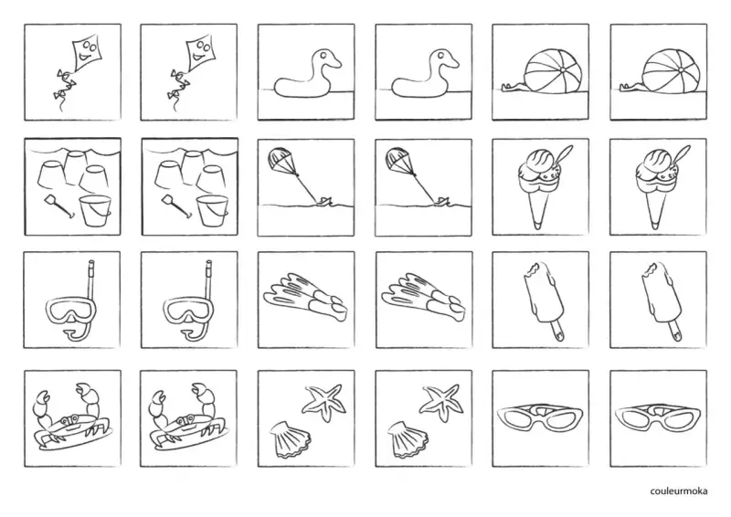Serie di disegni estivi per giochi da stampare: aquiloni, secchielli, maschere, gelati, granchi, stelle marine e occhiali da sole.